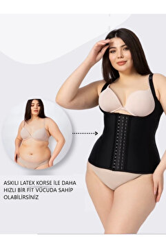 MİSTİRİK Trigoso Model 4 Aşamalı Kancalı Bel İnceltme Etkili Balenli Askılı Latex Siyah Korse