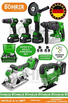 BÖHRER Alman 4 Akülü 2 Şarjlı Kömürsüz V598 5ah Profesyonel 6 Makine Kombo Set ,