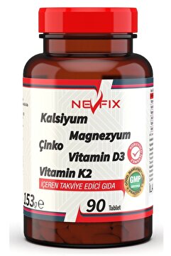Nevfix 90 Tablet Kalsiyum Magnezyum Malat Potasyum Kalium Çinko Vitamin D3 Vitamin K2