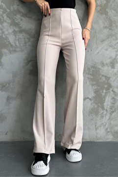 macharel jeans Yeni Sezon Kadın Likralı Beli Lastikli Bol Paça Palazzo Krem Pantolon