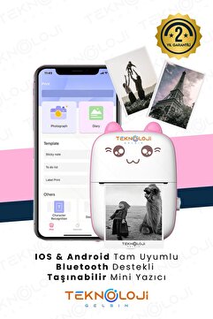 Teknoloji Gelsin Mini Cep Yazıcı Taşınabilir Bluetooth Kablosuz Şarjlı 6 Rulo 3 Kalem Seti Hediye Pembe Yazıcı
