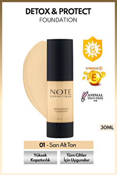 Note Cosmetics Detox & Protect Foundation Spf 15 Yoğun Kapatıcı Saten Bitişli Fondöten - 01 Beige