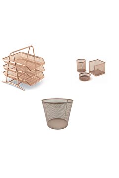 Mas METAL OFİS SETİ ROSE GOLD (3' LÜ EVRAK RAFI, KALEMLİK, ATAŞLIK, KÜP BLOK, ÇÖP KOVASI )