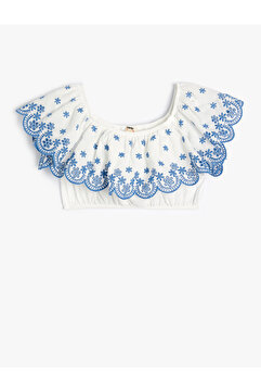 Koton Crop Bluz Düşük Omuz Fırfırlı İşlemeli