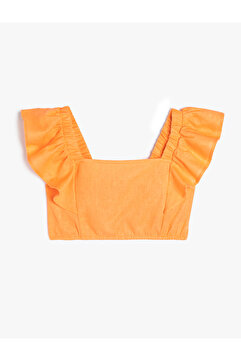 Koton Keten Crop Bluz Kelebek Kollu Kare Yaka