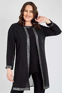 Ladies First Büyük Beden 3717 Siyah Gümüş Ceket Bluz Ikili Takım