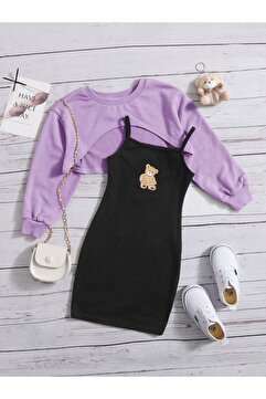 DLRboutique Ayıcık baskı elbise & crop sweat kombin