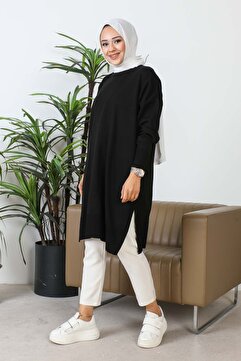 İmajButik Siyah Bisiklet Yaka Merserize Salaş Triko Tunik
