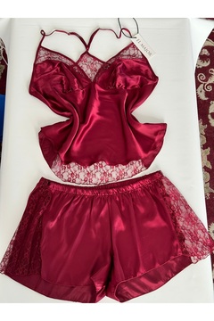El Major Büyük Beden Bordo Saten Babydoll Şort Takımı 1059