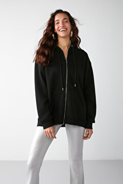 GRIMELANGE Alena Kadın Basic Kanguru Cepli Oversize Organik Pamuk Fermuarlı Kapüşonlu Siyah Sweatshirt