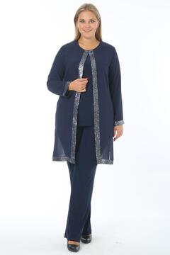 Ladies First Büyük Beden 3552 Lacivert Ceket+Bluz+Pantolon Üçlü Takım