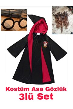 Delikanlı Harry Potter Gryffindor Mont Kostüm Asa Gözlük 3lü Set