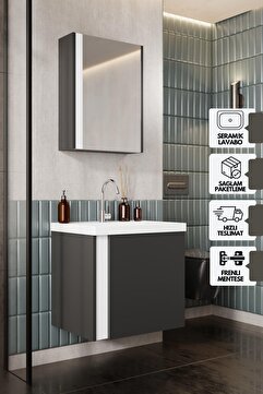 KAREN BANYO Kemer 50 Cm, Lavabolu, Aynalı, Banyo Dolabı, Mat Antrasit, Lavabo Dahil