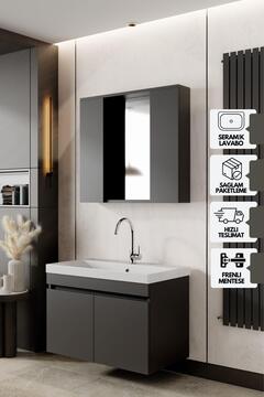 KAREN BANYO Tuana Banyo Dolabı Seti 80 Cm, Mat Antrasit, Seramik Lavabo Dahil, Lavabolu