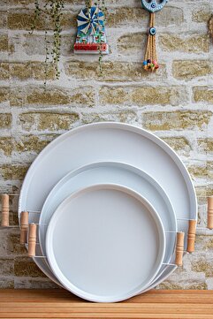 kitchen trend 3'lü Beyaz (45, 37, 30 CM) Ahşap Kulplu Metal Tepsi Çay Tepsisi Sunum Tepsi Seti