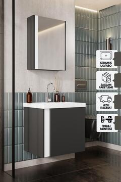 KAREN BANYO Kemer 60 Cm, Lavabolu, Aynalı, Banyo Dolabı, Mat Antrasit, Lavabo Dahil