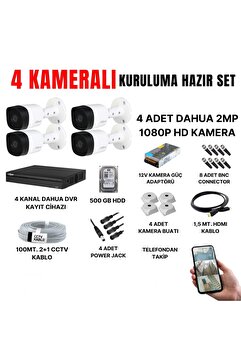 Dahua 4 KAMERALI GÜVENLİK KAMERASI SETİ-CEPTEN İZLEME-FULLHD-GECE GÖRÜŞLÜ-SU GEÇİRMEZ