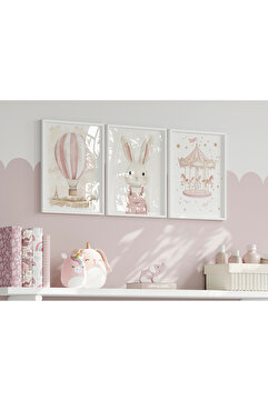 Home Sevimli Pudra Pembesi Set, Çocuk ve bebek Odası 3'lü Çerçevesiz Poster Seti 3 adet