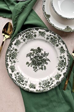 porselenden Antique Green 6 kişilik 25 cm Özel Tasarım Premium Porselen Servis Tabağı Takımı