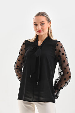 Loom Boutique Kadın Büyük Beden Kravat Yaka Organze Üzeri Kolu Flok baskılı Krep Bluz B0045