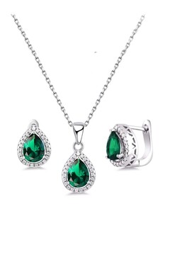Brezza Lusso Jewelry Kadın Yeşil Damla Model Zirkon Taşlı Gümüş Kolye Küpe Seti