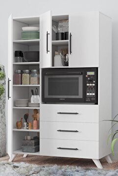 Aeka Ae-2074 Aras Beyaz Çok Amaçlı Mutfak Dolabı&banyo Dolabı, Kiler, 3 Kapaklı, 3 Çekmeceli, Fırın Bölme