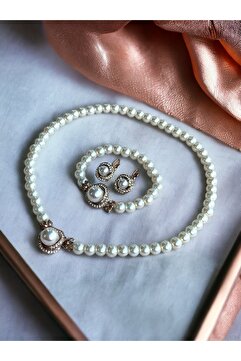 FAYRA ACCESSORIES Zirkon Taşlı Sarmal İnci Kolye , İnci Küpe ve İnci Bileklik Seti