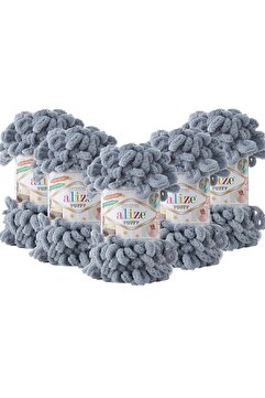 Alize (5 Adet ) Puffy 428 El Örgü Ipliği 5'li Paket - 428 Orta Gri - 100 Gr. 9 Mt. Parmak Örgü Ipi