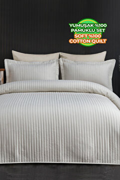 Evlen Home Collection Judy Pamuklu Kapitone Yatak Örtüsü ( Pike ) Takımı Çift Kişilik Çizgili Günlük Sade Kırık Beyaz Krem
