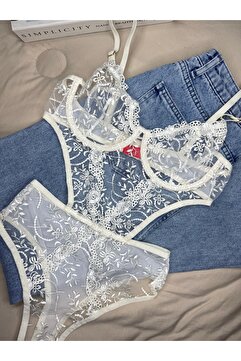 ROZENİN LINGERIE Ekru Çiçekli Brode Balenli Kapsız Bodysuit
