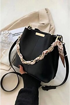 bag&more Kadın Siyah Fularlı Zincir Aksesuarlı Yumuşak Deri 3 Bölmeli El Kol Ve Omuz Çantası