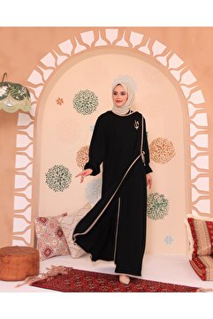Berel Moda Elif Vav Nakışlı Çıtçıtlı Ferace Siyah