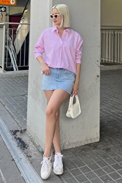 Madmext Pembe Çizgili Over Fit Gömlek Mg1525