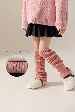 Moibody Kids %100 Akrilik Triko Örgü Leg Warmer Ayak Isıtıcı Çocuk Tozluk Pembe