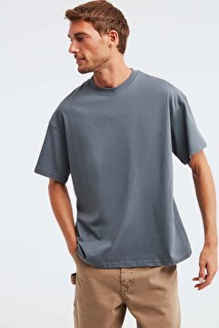 GRIMELANGE Jett Erkek Oversize Fit %100 Organik Pamuk Kalın Dokulu Bisiklet Yakalı Açık Gri T-shirt