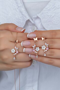 NEREZE 925 Ayar Gümüş Pembe Taşlı Kelebek Manolya Çiçeği Kolye ve Küpe Set