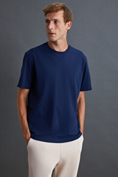 GRIMELANGE Solo Erkek %100 Organik Pamuklu Kalın Dokulu Comfort Fit Bisiklet Yakalı Lacivert T-shirt