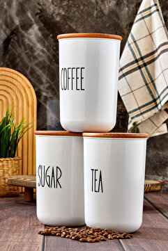 MODA OZY 3'lü Ahşap Vakum Kapaklı Transfer Etiketli Akrilik (PLASTİK) Tea/sugar/coffe Kavanoz 900ml