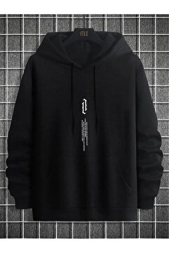 Altamira Unisex Siyah Göğüs Dikey Baskılı Kapşonlu Oversize Sweatshirt