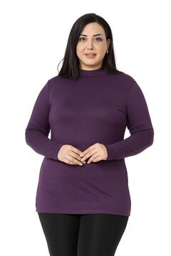 DISENTIS MODEST Büyük Beden Yarım Balıkçı Uzun Kollu Viskon Mürdüm Body