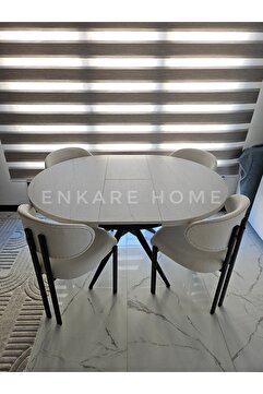 Enkare Oliva Masa Badem Sandalye Takımı - Açılabilir Yuvarlak Mdf Masa + 4 Sandalye | Mutfak, Salon 100x100