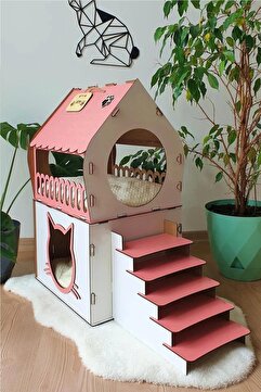Genel Markalar Dekoratif Ahşap Kedi Evi Teraslı 2 Katlı Merdivenli Kedi Evi Pembe - Beyaz