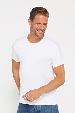 Tudors Erkek Slim Fit Dar Kesim Pamuklu Yumuşak Doku Likralı Likralı Kumaş Basic Beyaz Bisiklet Yaka Tişört
