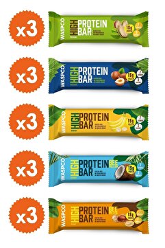 Waspco Yüksek Protein Bar 50g Karma Kutu 15 Adet (5 ÇEŞİT)