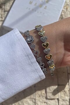 çelik takı Trend Minimal Kalp Gold Detaylı Gümüş Zirkon Taşlı Kutulu Bileklik