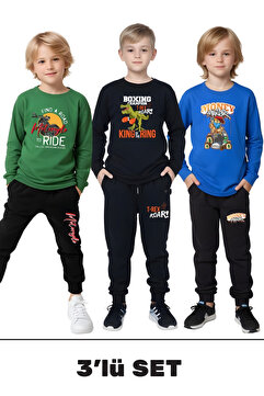 FYK KİDS 3'lü Erkek Çocuk Baskılı Yuvarlak Yaka Alt-Üst Pijama Takımı