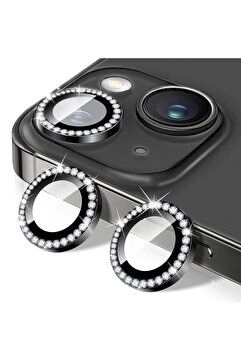 Fibaks iPhone 13 & 13 Mini Taşlı Parlak Kamera Lens Koruyucu Cam ve Çerçeve Kamera Koruma Lensi Siyah