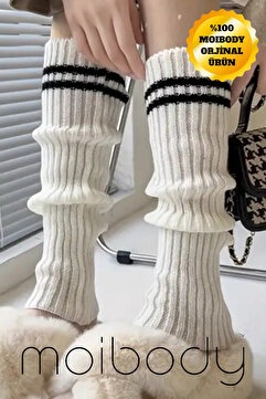 Moibody %100 Akrilik Premium Triko Örgü Leg Warmer Ayak Isıtıcı Tozluk Çizgili Ekru