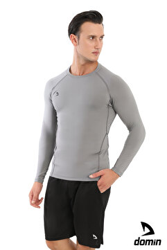 DOMİN SPOR Erkek Uzun Kol Gri Compression Fitness Gym Body Tshirt