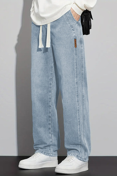 THE RULE Erkek Buz Mavi Baggy Beli Lastikli Likralı Düz Paça Bol Kesim Esnek Jean Denim Kot Pantolon Rf0484